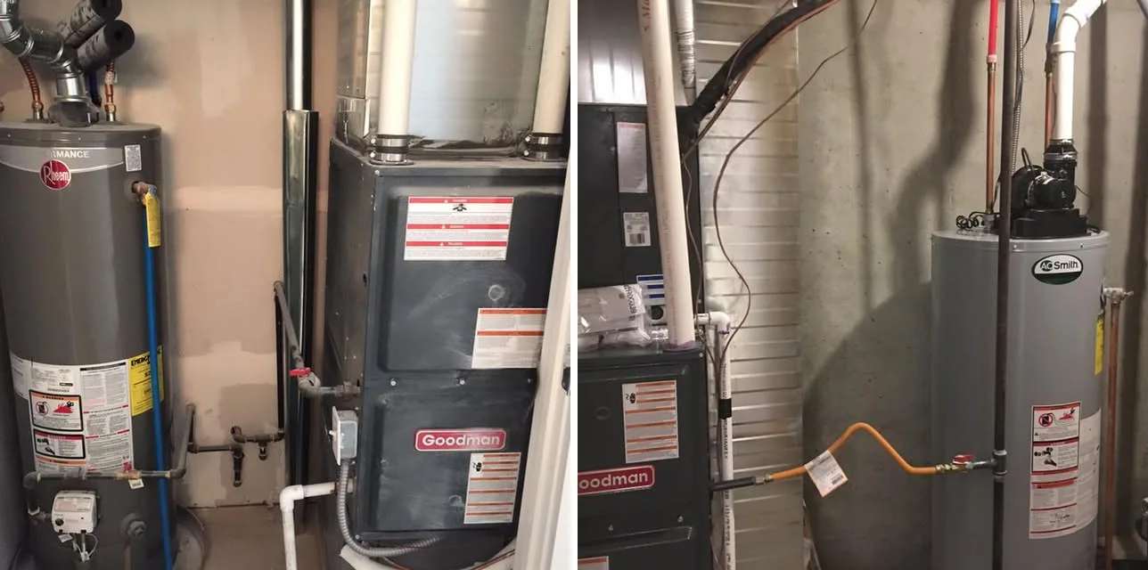 Two gas tank water heaters installed by Kennedy Plumbing & Heating in Denver-area homes — a Rheem Performance and an A.O. Smith next to the furnace