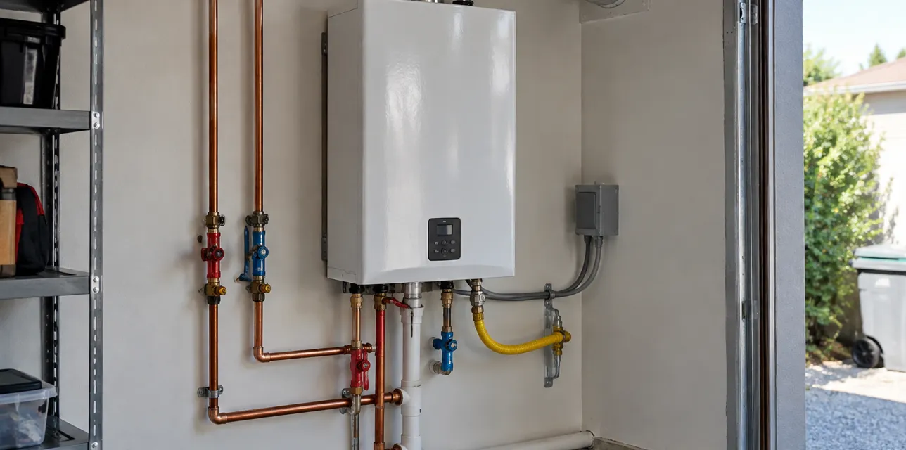 Wall-mounted tankless gas water heater with isolation valves and stainless vent
